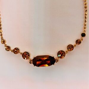 Brown/ Amber Crystal Earrings &Necklace W/ Gold Tone Ball Chain &Extender